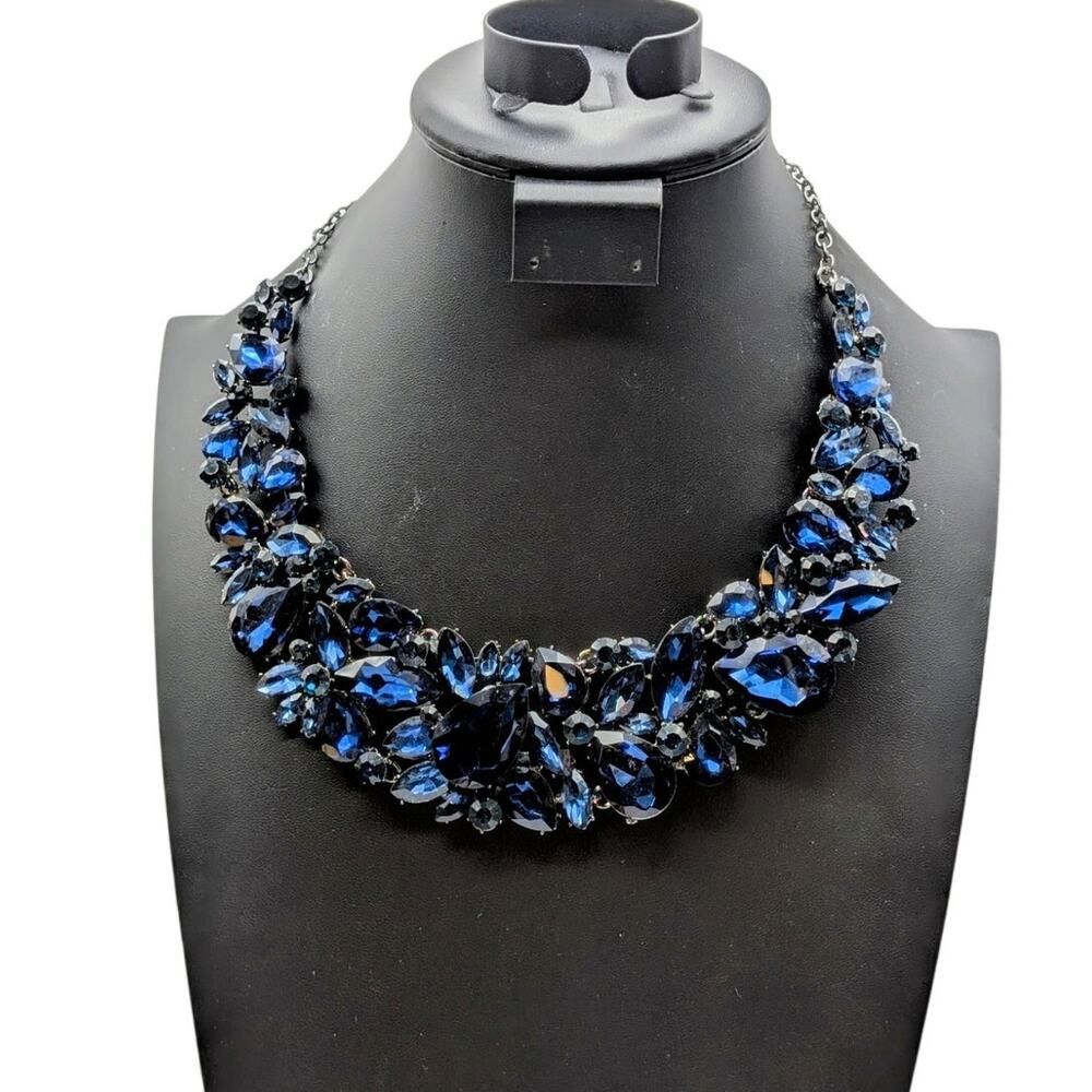 Large Blue Rhinestone Statement Necklace - Picture 5 of 8